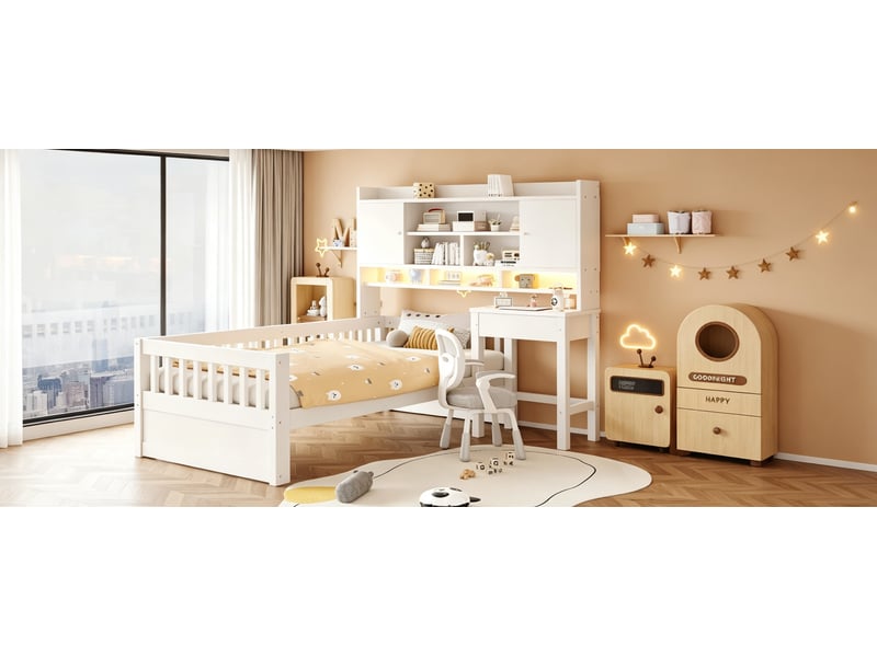 Lit simple enfant 90 x 200 cm avec bureau à tiroirs, rangements en hauteur, éclairage led, prise et garde-corps, bois massif, blanc Morn Vibe - Conforama E