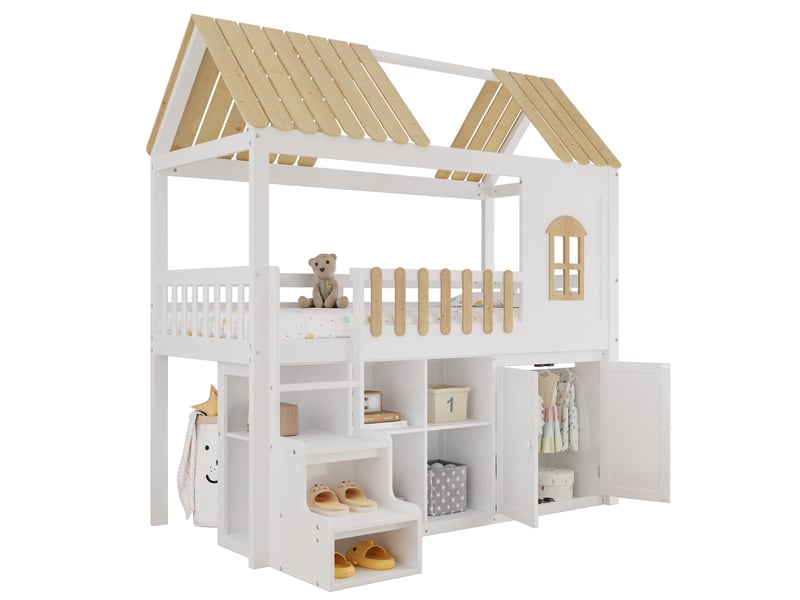  Lit mezzanine enfant 90x200 cm avec rangements, blanc et coloris bois naturel  - Conforama A
