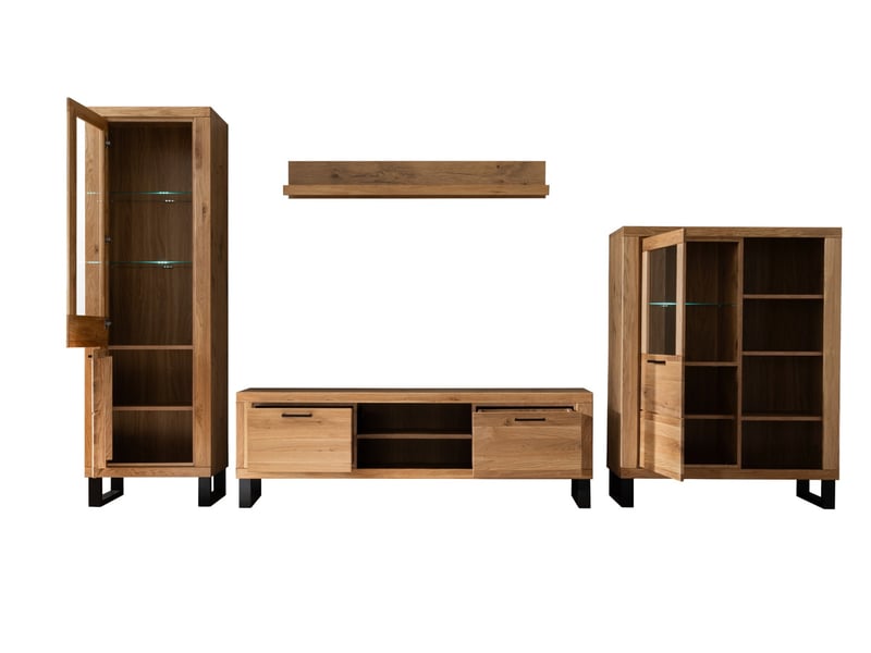  Ensemble meuble de salon de 4 pièces meuble tv, 2 vitrines et 1 étagère murale coloris chêne massif huilé  - Conforama C