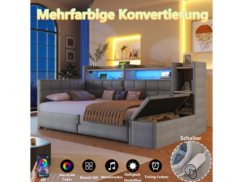  Lit de jour canapé-lit, 90 × 200 cm, gris foncé, mdf et velours, coffre hydraulique, banquette coffre, rangements, led  - Conforama C