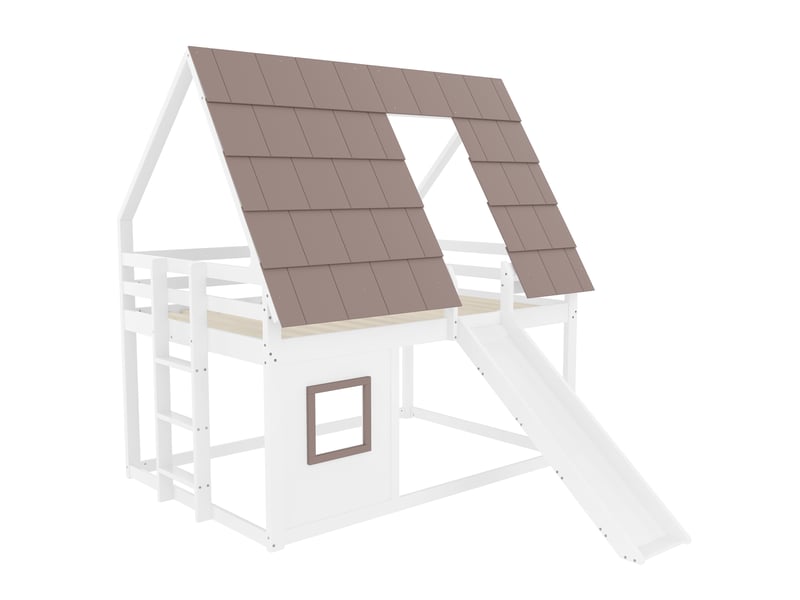  Lit superposé enfant 140x200 cm, forme maison, toboggan, échelle, barrières de sécurité, pin et mdf, blanc et marron OMNIGLINT TRADING LTD - Conforama E