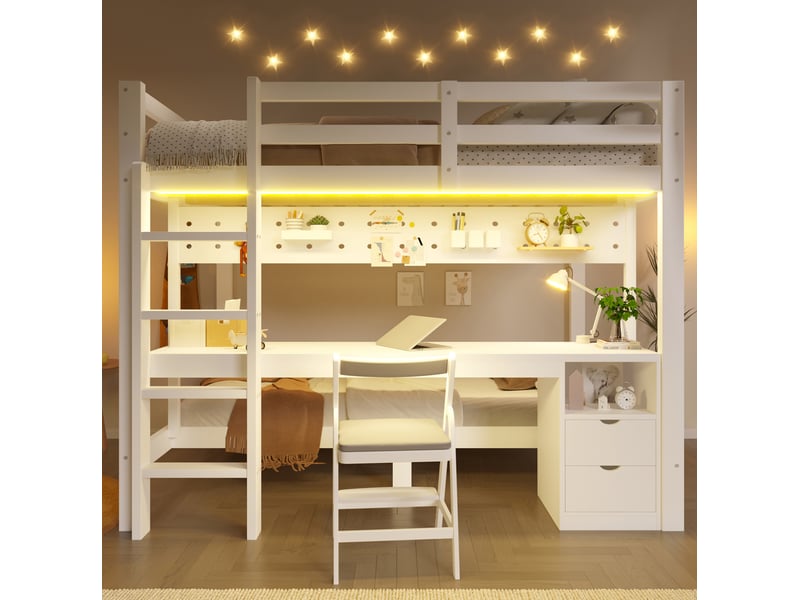  Lit superposé enfant 90x200 et 140x200 cm avec bureau, tiroirs et led blanc naturel  - Conforama E