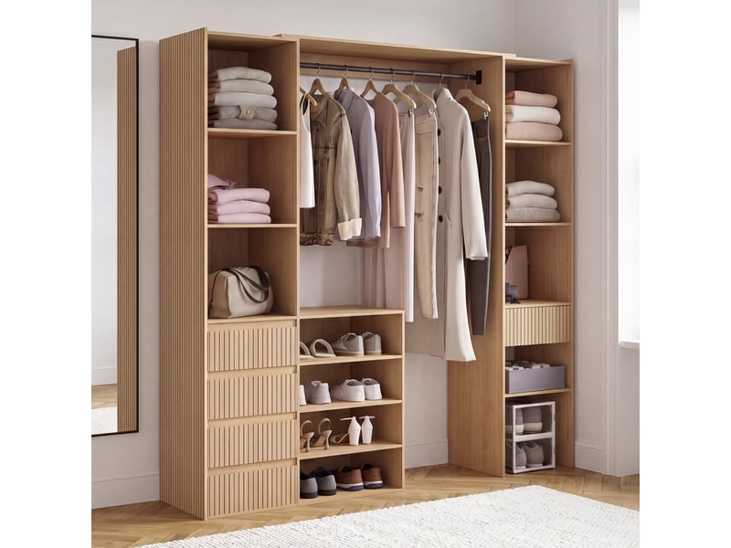 Dressing extensible double xxl juliette 120-180 cm effet lattes tasseau bois avec tiroirs + étagères + penderie - Conforama B