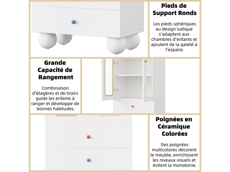  Vitrine enfant 60 x 35 x 140 cm, bibliothèque avec tiroirs, rangement multifonction et pieds boule, poignées céramique colorées, blanc ABC - Conforama D