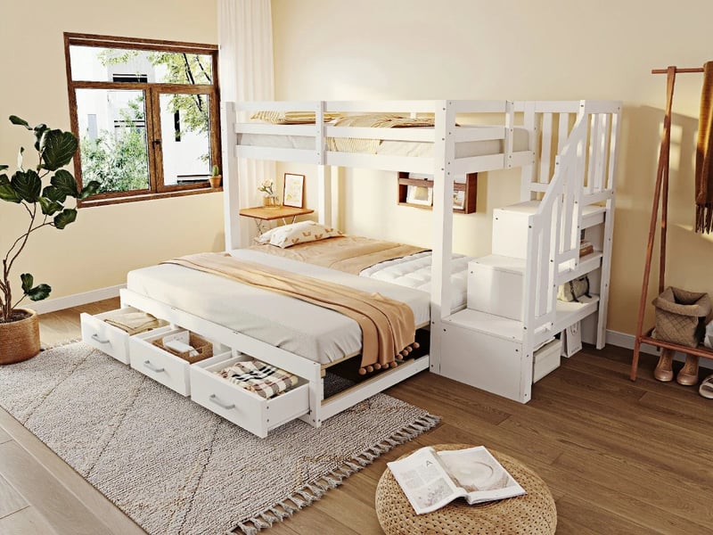  Lit superposé 90 x 200 cm, de rangement à tiroirs , fonction lit gigogne, lit en bois, blanc  - Conforama B