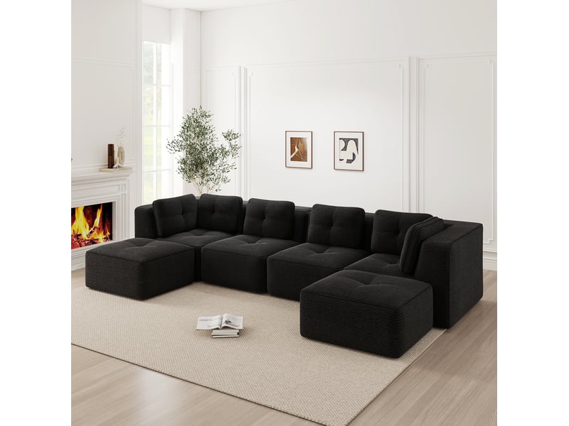  Canapé d'angle modulable ulevr en u, 4 places 386 x 177 cm, velours côtelé noir  - Conforama D