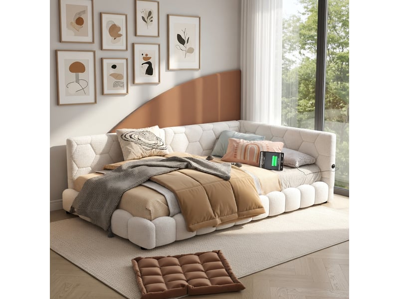  Lit d'enfant 90 × 200 cm, avec éclairage d'ambiance disponible en 16 couleurs, port usb-c, tissu imitant la fourrure, blanc  - Conforama D