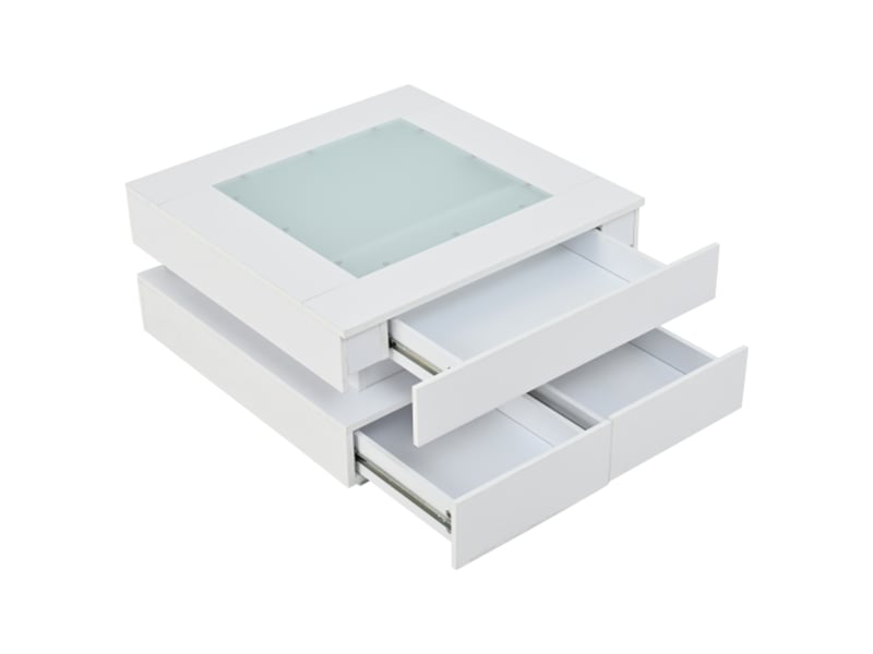  Table basse en verre 70x70 cm – led, design géométrique, 3 tiroirs, blanc brillant – idéale pour petits espaces  - Conforama D