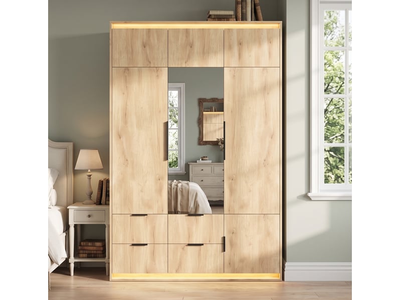  Armoire 135x47x200 cm avec miroir et led, 1 tringle, 4 tiroirs, mdf, couleur bois  - Conforama D