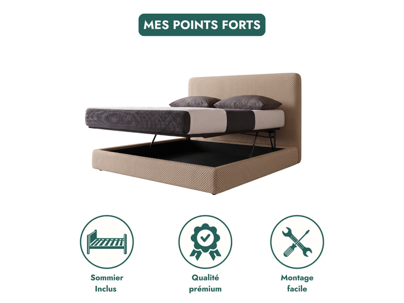  Lit coffre ouverture latérale et frontale 90x190 cm – tête de lit incluse – tissu mesh 3d blanc C02-LTC51-P 90/190 3DBL - Conforama D