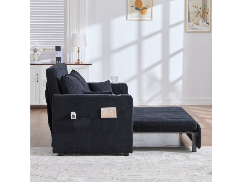 Canapé droit convertible 2 places en tissu noir avec usb, porte-gobelets et poches de rangement pratiques - Conforama E