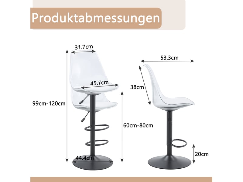  Tabouret de bar pivotant réglable en hauteur avec dossier transparent, en métal et plastique noir  - Conforama D