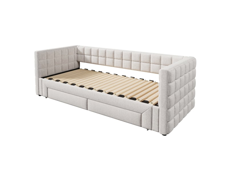  Lit de jour, 90 x 200 cm, canapé-lit avec dossier carré, lit extensible (jusqu'à 180 cm en format queen size), 2 tiroirs, sans matelas, beige  - Conforama E