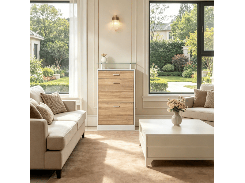  Meuble à chaussures ulevr à 2 abattants avec rangement, 60 x 24 x 105,5 cm, panneau de particules e1 et verre, blanc et chêne clair  - Conforama E