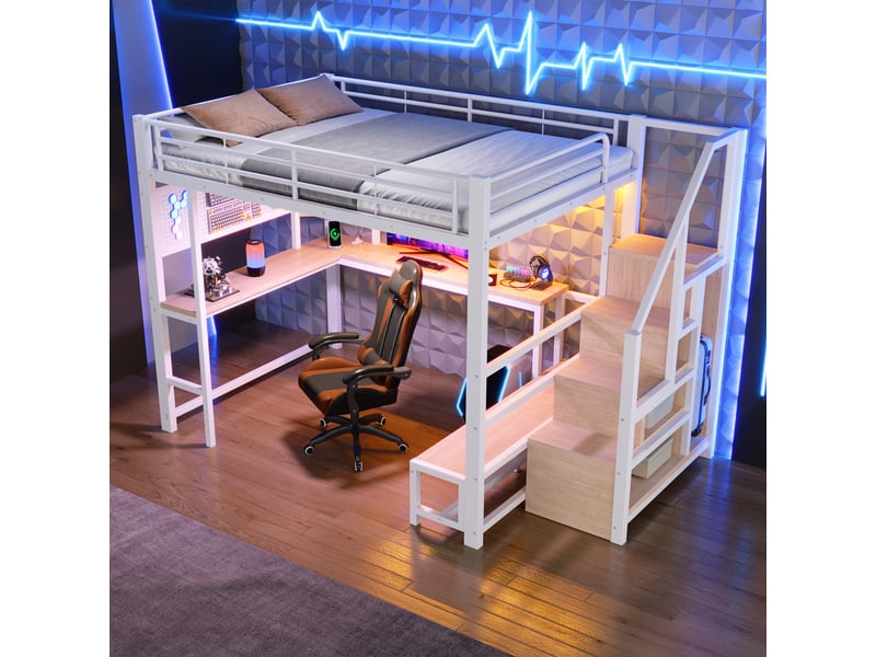  Lit mezzanine, 140 × 200 cm, blanc, bureau, led, usb + type-c, armoire-échelle, panneau perforé, étagères, sans matelas  - Conforama E
