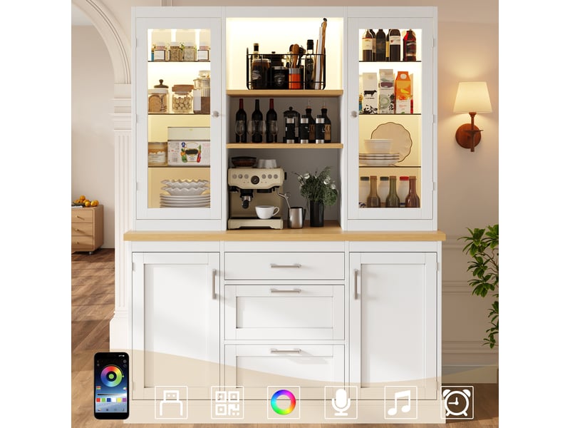 Buffet haute de cuisine avec led 140 x 40 x 185cm buffet en bois avec 3 tiroirs et étagère réglable conception anti-basculement blanc  - Conforama B