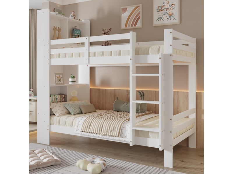  Lit superposé 90 × 200 cm 2 places avec étagères et échelle sécurisée, sans matelas, en bois, blanc  - Conforama B