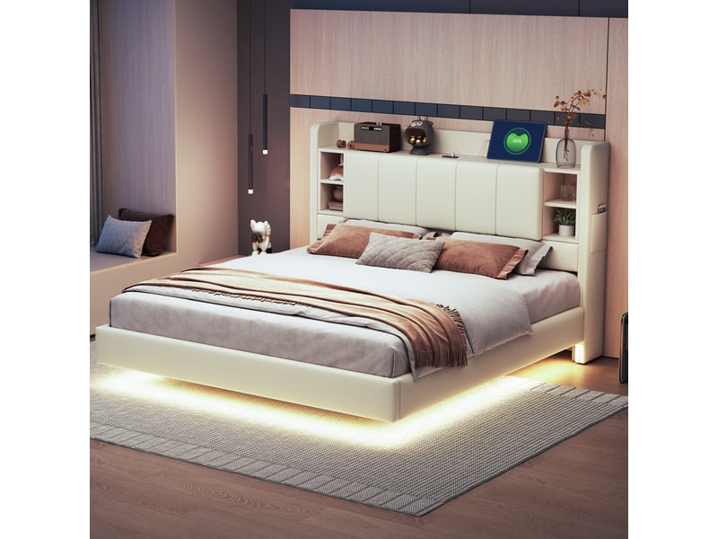  Lit capitonné double 160 x 200 cm avec usb, led et tête de lit réversible, lin, beige, rangements  - Conforama C
