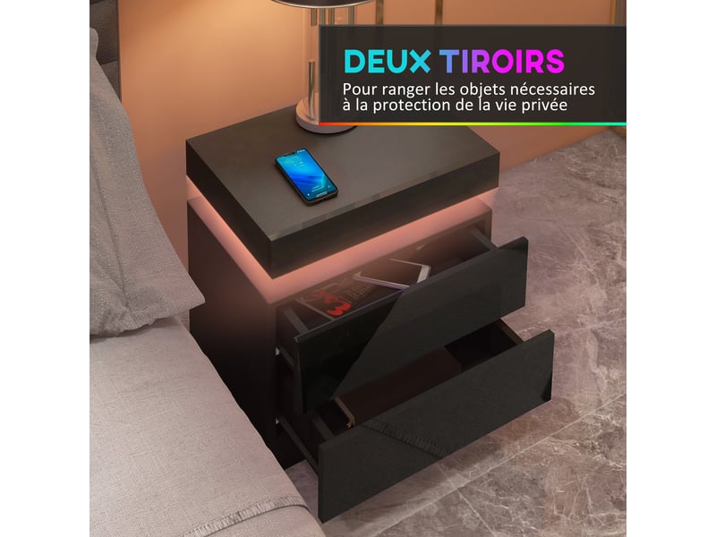  Table de chevet 45 x 35 x 52 cm éclairage led rvb ultra réglable 2 tiroirs design moderne en panneau de particules noir 21_0001560  - Conforama E