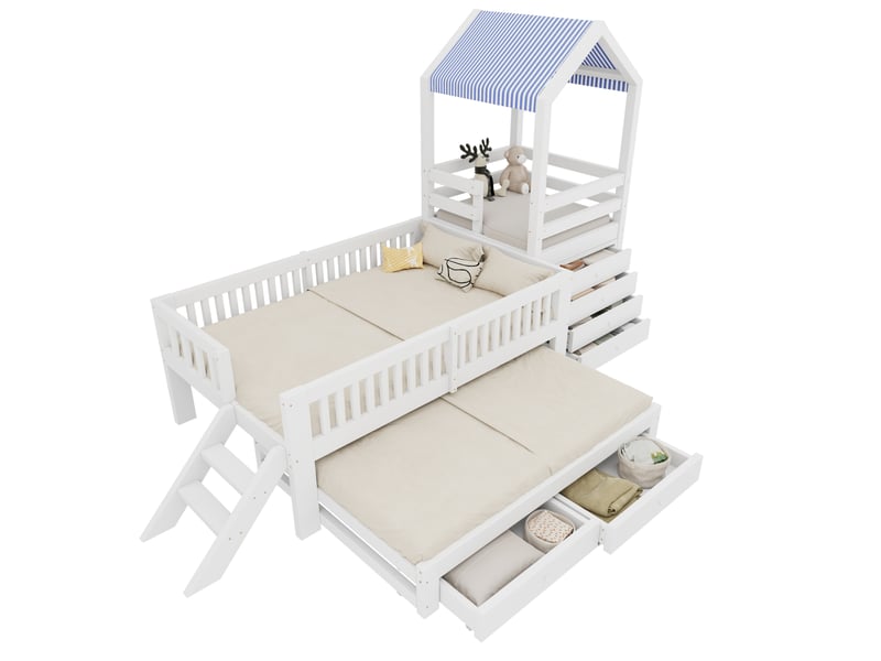 Lit mezzanine enfant 90 x 200 cm blanc en bois, lit gigogne 90 x 190 cm avec rangements et escalier - Conforama A