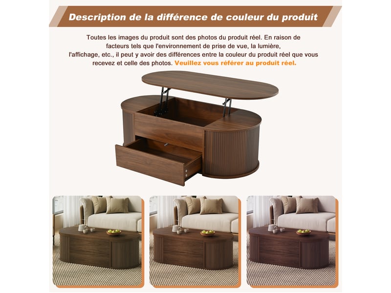  Table basse relevable ovale avec espace de rangement caché et 1 tiroir, finition couleur noyer clair, 100x50x35 cm, design scandinave  - Conforama R