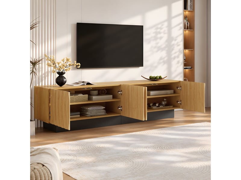  Meuble tv, 180 x 40 x 50 cm, portes à motif en relief arqué tridimensionnel, quatre portes de rangement, couleur naturel  - Conforama D
