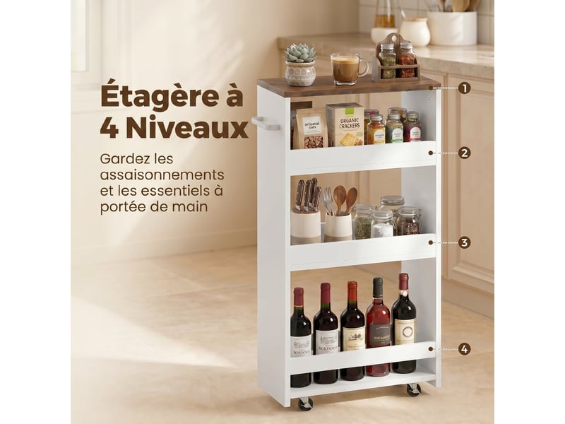 Desserte de cuisine à roulettes 4 niveaux, îlot central cuisine étroit avec poignée latérale, blanc, 40 x 20 x 84 cm - Conforama E