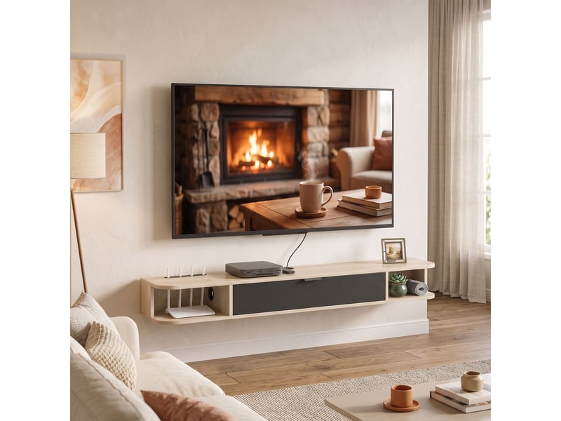  Meuble tv suspendu, meuble télé pour téléviseur jusqu'à 60 pouces, tiroir rabattable 2 étagères bois naturel 140x24x16cm  - Conforama D