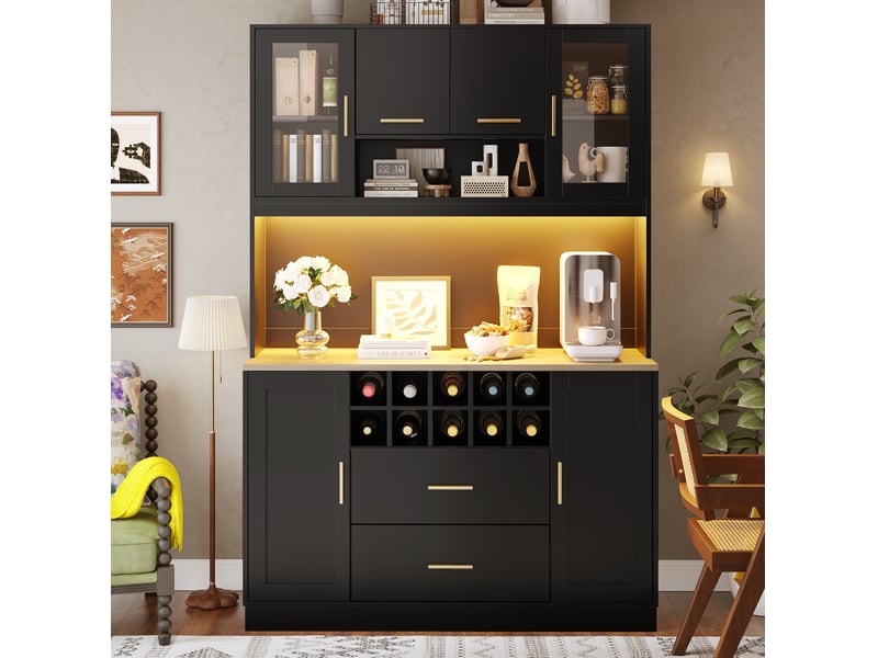  Buffet modenvie 120 x 36,3 x 180 cm avec led, prises usb, 6 portes et 2 grands tiroirs, noir  - Conforama D