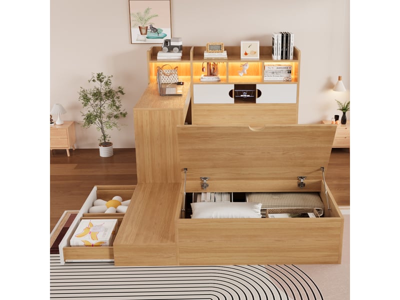  Lit en bois 90 x 200 cm – avec espace de rangement – ​​rangement intégré dans la tête de lit – prise électrique incluse – éclairage led – naturel (matelas non inclus)  - Conforama D