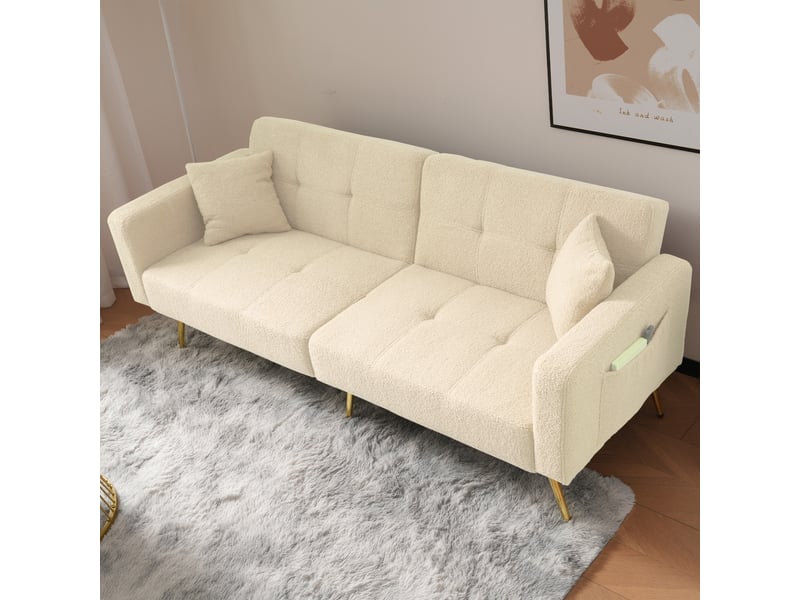 Canapé convertible bouclette beige, canapé lit 2 places avec dossier inclinable et pieds dorés, canapé beige 175 cm. - Conforama D