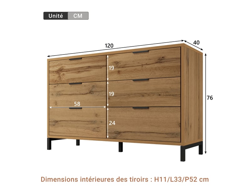  Commode avec 6 tiroirs, poignées et pieds en métal, finition chêne foncé, pour chambre et séjour, 120 × 40 × 76 cm  - Conforama E