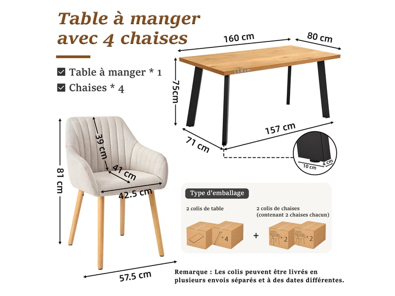  Ensemble table et 4 chaises - table rectangulaire 160x80 cm monobloc en chêne sauvage et pieds métal, 4 chaises en tissu beige et pieds bois  - Conforama C