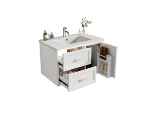 Meuble vasque mural salle de bain blanc 76 cm avec lavabo intégré, led et 2 tiroirs silencieux