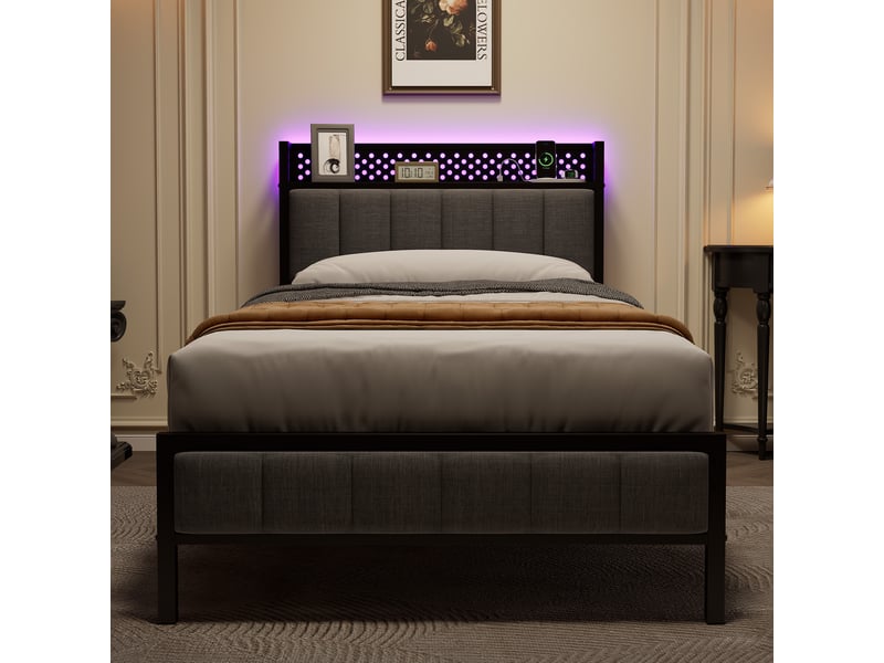 Lit simple en métal avec usb, ports de charge et étagère, couchage 90 x 200 cm, sans matelas, noir  - Conforama B