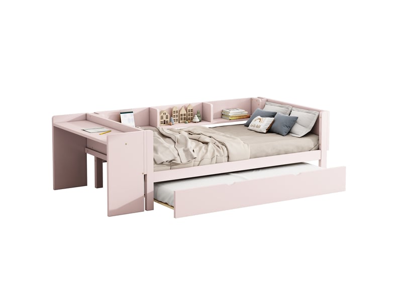  Lit enfant 90 x 200 cm avec lit gigogne, bureau et 3 étagères latérales rose  - Conforama A