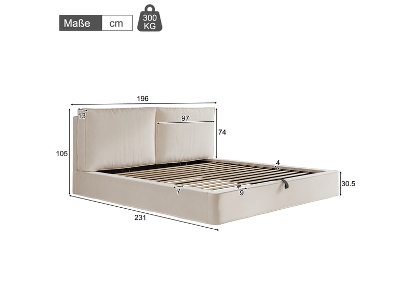  Lit coffre rembourré 180x200 cm, lit double avec rangement hydraulique, tête de lit épaisse 13 cm, sommier à lattes, velours - beige  - Conforama C