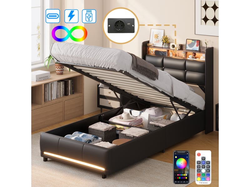  Lit coffre hydraulique 90x200 cm avec tête de lit en pu noir,led,usb,prises eu intégrées,lit simple,lit adolescent moderne  - Conforama B