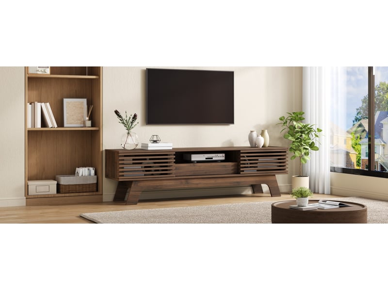  Meuble tv en mdf 150 x 35 x 44 cm avec portes à lamelles, tiroir et passe-câbles, noyer  - Conforama D