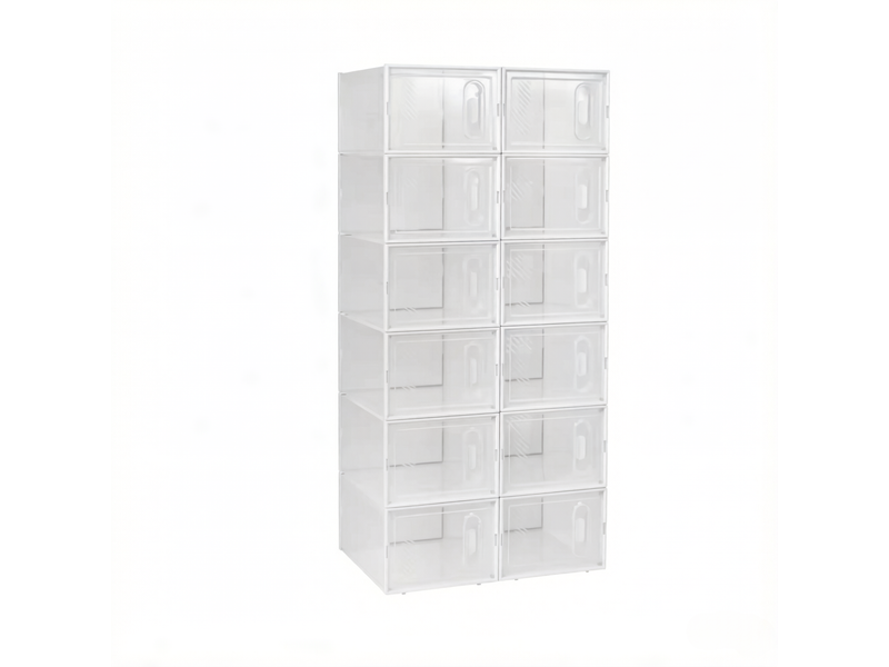  Meuble à chaussures modulaire, avec 12 boîtes empilables transparentes et ouverture frontale, pour chambre, plastique, blanc, 25×18,5×35,5 cm  - Conforama A