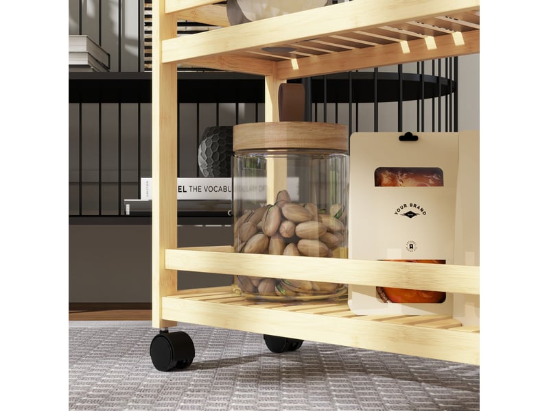  Desserte de cuisine 55 x 20 x 75 cm naturel en bambou, 3 niveaux à roulettes avec 2 freins de blocage  - Conforama E