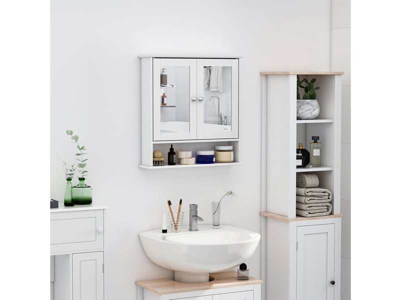  Meuble mural salle de bain avec miroir 56 x 13 x 58 cm, 2 portes, 3 niveaux de rangement, en mdf, pour cuisine et salon  - Conforama D