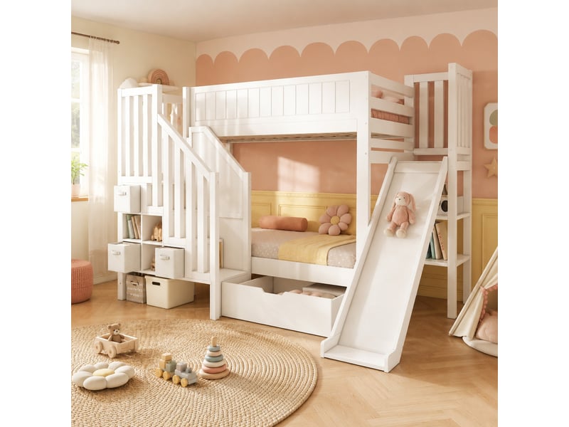  Lit superposé enfant 90x200 cm avec toboggan et rangements, blanc  - Conforama C