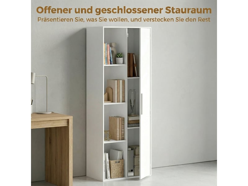  Bibliothèque à 4 niveaux avec étagères réglables, meuble de rangement avec placard et portes pour salon ou bureau, blanc  - Conforama E