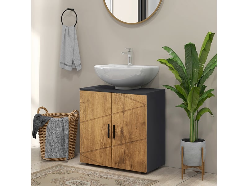  Meuble sous lavabo sur pied effet chêne, 2 portes, étagère réglable, 60 x 30 x 60 cm  - Conforama D
