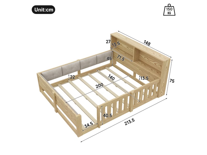  Lit enfant 140x200 cm avec barrières, côtés rembourrés, led, style minimaliste, naturel evarich - Conforama C