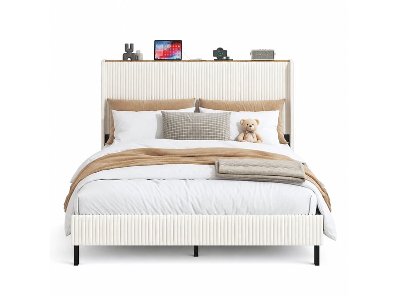  Lit 2 places, 160x200 cm, structure de lit, sommier, espace nuit, matelas non inclus, métal, coloris beige et crème  - Conforama D