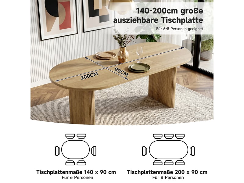 Table à manger extensible 140-200x90x75 cm, 6-8 personnes, coins arrondis, plateau épais, style épuré, chêne BUYDEEMEUS - Conforama E