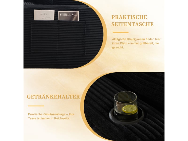  Canapé modulable 4 places en velours côtelé noir avec 2 poufs, 2 poches latérales et porte-gobelets  - Conforama D