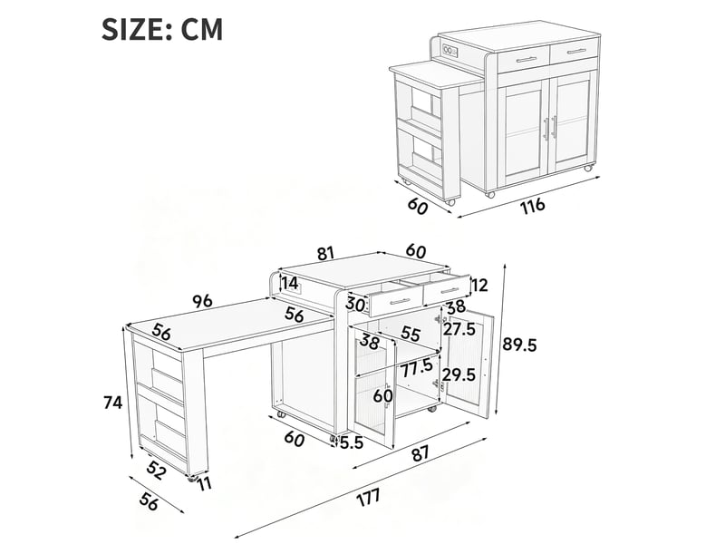  Îlot de cuisine 177x60x89,5 cm extensible panneau de particules blanc  - Conforama C